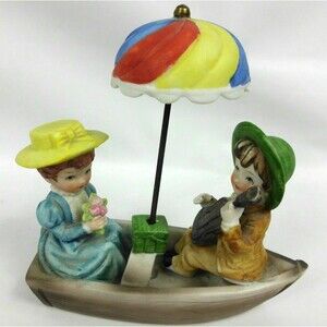Vintage 1960's LEGO Boy and Girl in Boat w Umbrella Porcelain Figurine Taiwan